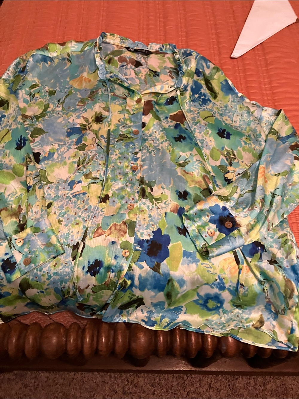 Zara Blue & Green Floral Button-Up Shirt with string tie